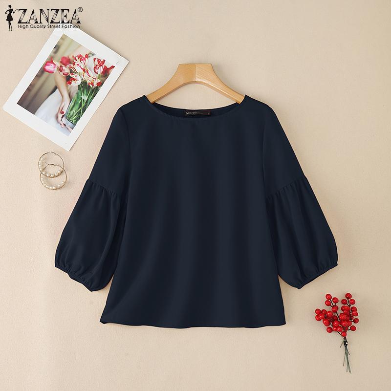 ZANZEA Женская летняя блузка с круглым вырезом, свободного кроя, с рукавом 3/4, однотонная
