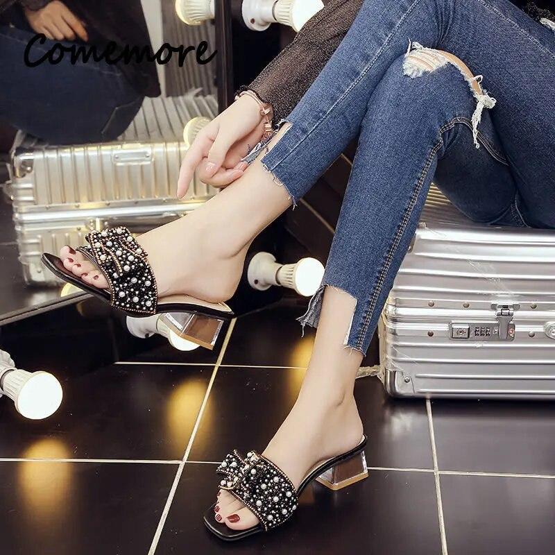 Comemore 2024, дизайнерские шлепанцы со стразами и блестками, роскошные нескользящие женские тапочки на квадратном каблуке, новые модные сандалии с узлом-бабочкой