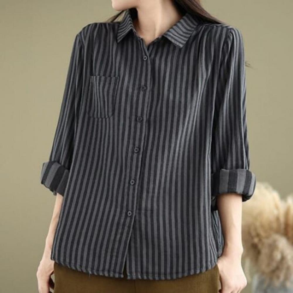 Navava Women Retro Stripe Long Sleeve Shirt Nb2977