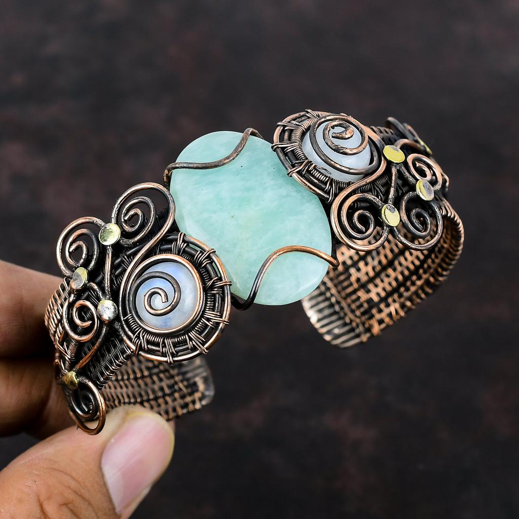 Браслет-манжета из драгоценного камня амазонит, медная проволока, браслет-манжета из радужного лунного камня, регулируемый браслет-манжета, ювелирные изделия ручной работы, подарок для женщин