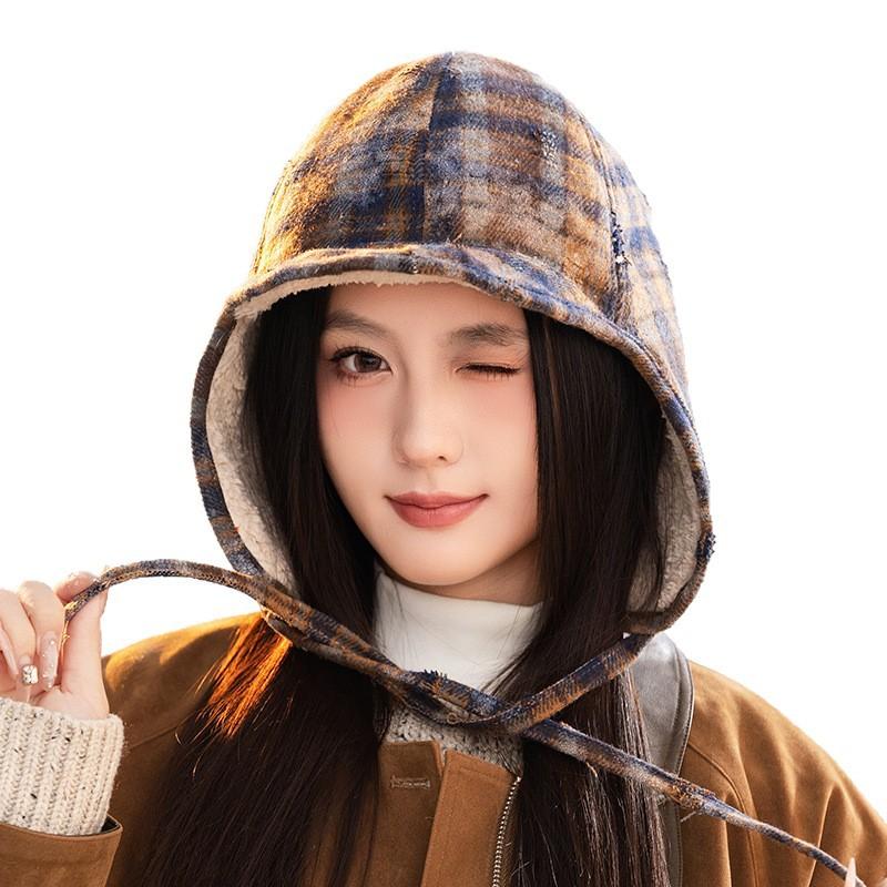 Retro Color Blocking Plus Velvet Leeve Hat Japanese Windproof and Warm Hat Women's Outdoor Riding Casual Ear Protection Hat