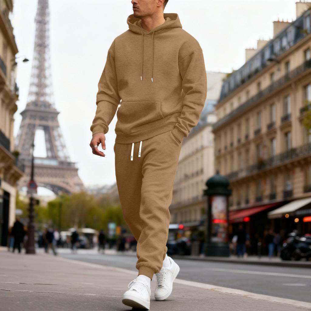 Men's Casual Sports Suit, Solid Color Hooded Sweatshirt, Waist Cinching Pants, Long Sleeved Pants, Comfortable And Warm Suit