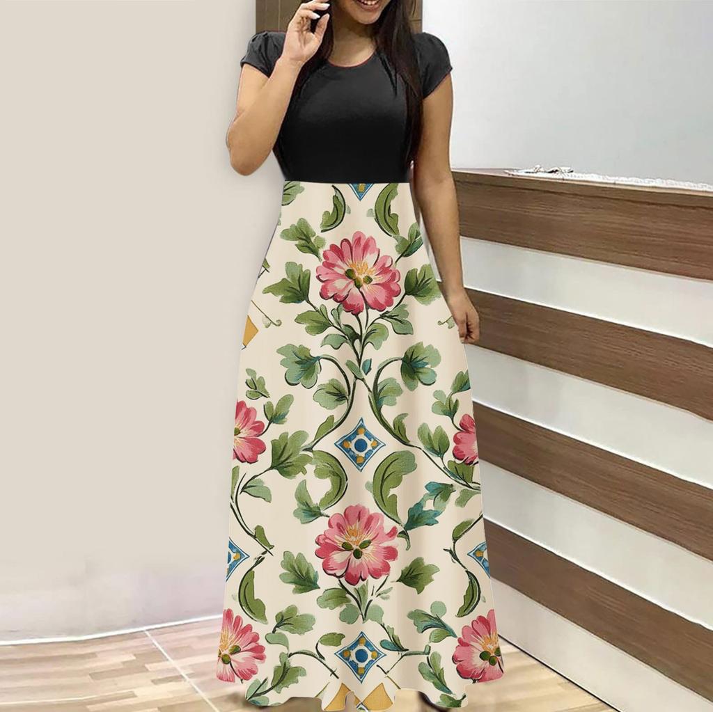 Женская мода повседневные свободные принтованные платья с круглым вырезом и коротким рукавом длинные платья с коротким рукавом длинные платья