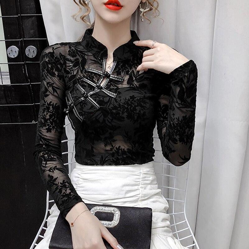 Hollow Vintage Long Sleeve Blouse Women Mesh See Through Sexy Womens Shirts Autumn Womens Mesh Retro Lace Female Shirts 11010