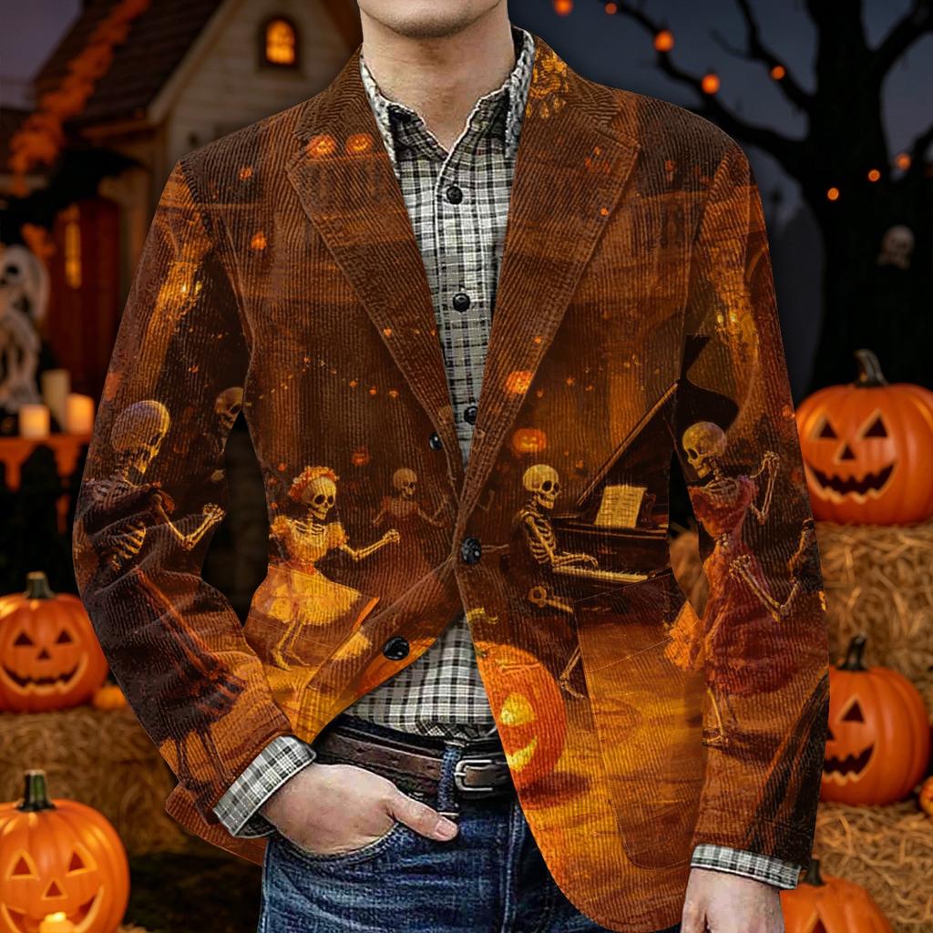 Men's Corduroy Blazer Jacket with Halloween Print Warm Casual Suit Jacket with Pockets Button Front Cardigan Style Outerwear