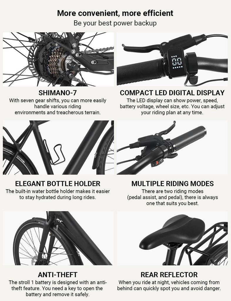 DYU Stroll 1 Electric Bike, 250W Motor, 36V 9Ah Battery, 700*38C CST Tire, 25km/h Max Speed, 100km Range