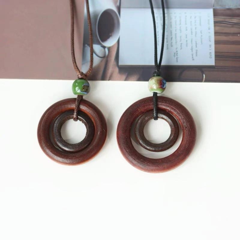Деревянное Круглое Кольцо Подвеска Ожерелье Регулируемая Длинная Цепочка для Свитера Винтажное Ручной Работы Ожерелье-Ошейник Заявление Ювелирное Изделие