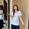Летняя новая облегающая футболка с открытым правым плечом, скрывающая живот, стройнящая, средней длины, шикарная, милая, с короткими рукавами
