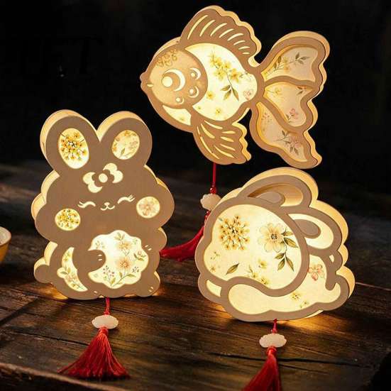 Quaint Wooden Frame Lantern DIY Chinese Ancient Style Kit, Light Up Handheld with LED String & Hanfu Photography Props Tassel, Rabbit Butterfly Lotus