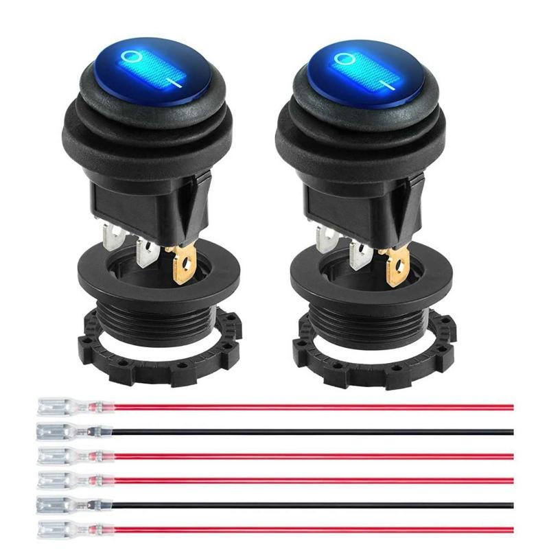 12V 20A Waterproof Rocker Switch Blue LED Lighted Round ON Off 3 Pin 12 Volt Weatherproof for Marine Car RV Truck Pushbutton Switches 3
