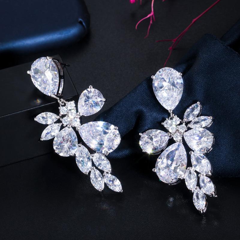 CMM Luxury Bridal Silver Color Jewelry Water Drop Cubic Zirconia Drop Earrings