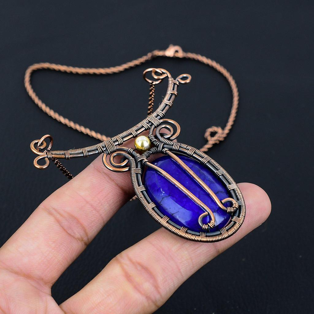 Lab Created Sapphire Gemstone Pure Copper Wire Wrapped Handmade Jewelry Necklace For Gift