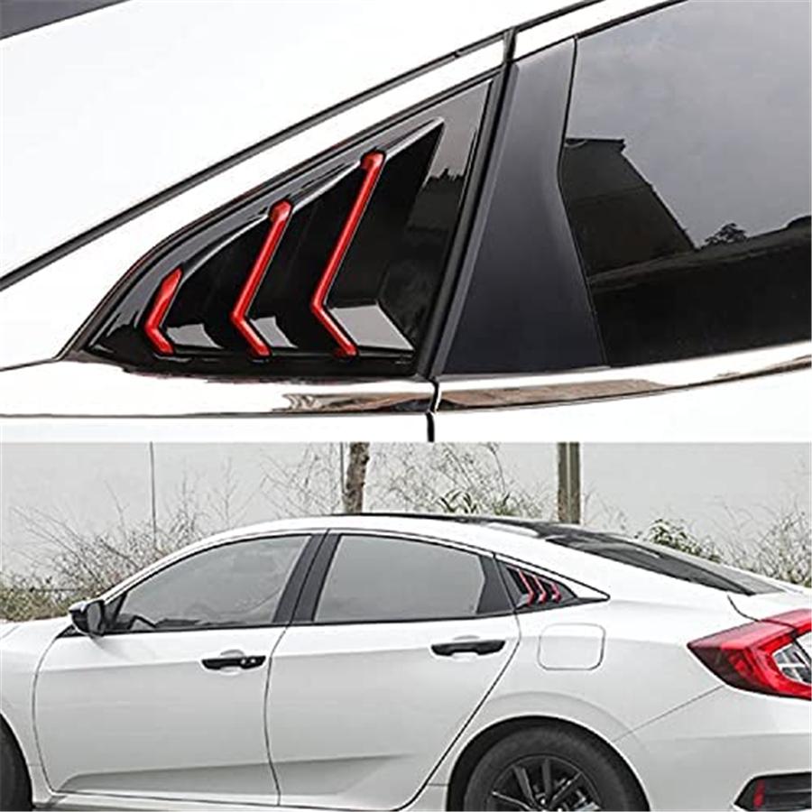 lack+Red Rear Side Vent Window Louver Cover Trim For Honda Civic Sedan 2016-21