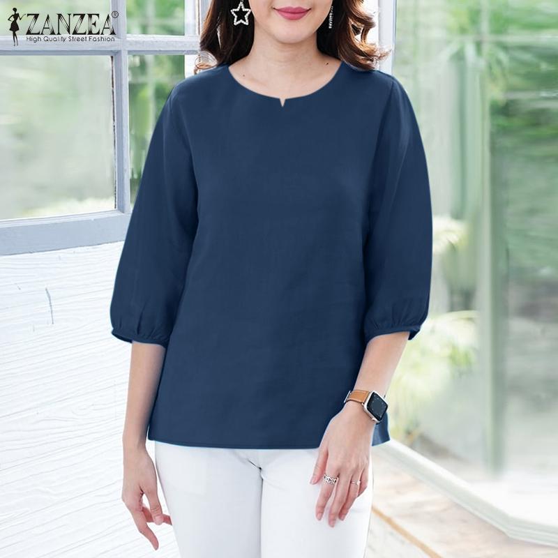ZANZEA Женская повседневная однотонная свободная блузка с V-образным вырезом и рукавом 3/4
