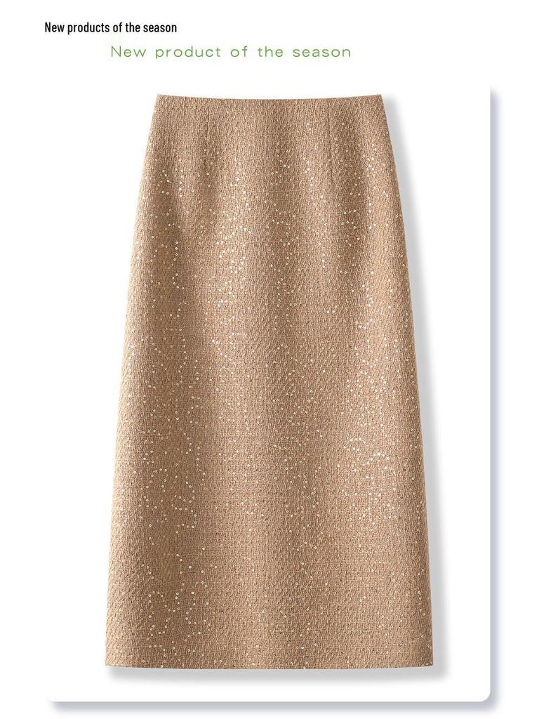 2024 Женская желтая твидовая юбка миди с пайетками – Осенне-зимняя прямая облегающая