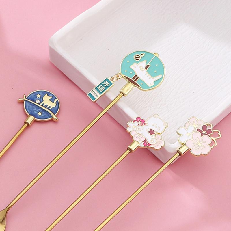 Ложка для перемешивания из нержавеющей стали 304, вилка, позолоченная кофейная десертная ложка с котом звездного неба