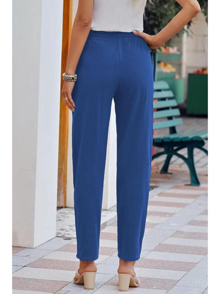 Женские хлопково-льняные брюки с кулиской и широкими штанинами