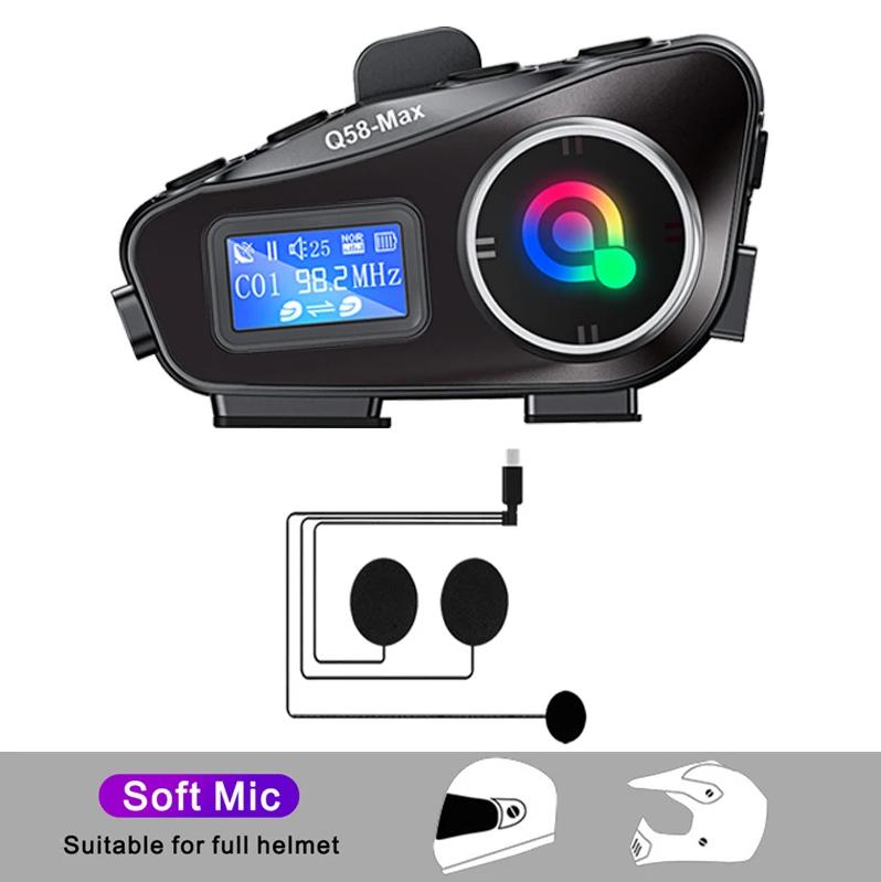 Q58-Max Мотоциклетный интерком-гарнитура для шлема BT5.3 500M Intercomunicador Moto FM-радио Music Share Наушники с ЖК-дисплеем для 2 гонщиков 2024 Новинка