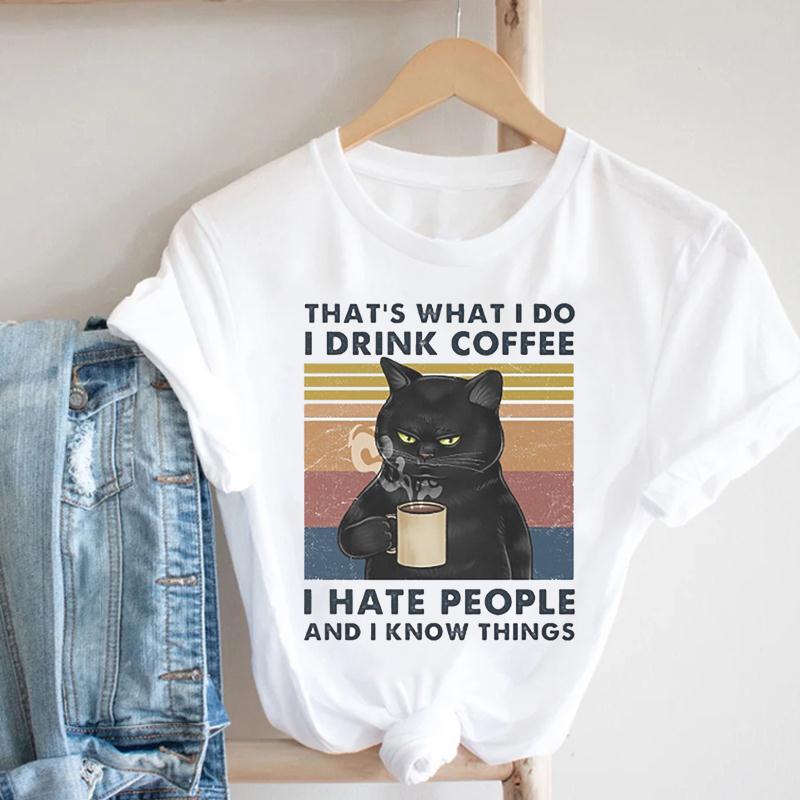 Футболка унисекс с принтом Lovely Pet Cat Coffee Letter Sweet Top Летняя модная футболка с коротким рукавом Lady Fe Одежда унисекс Повседневная графическая футболка унисекс
