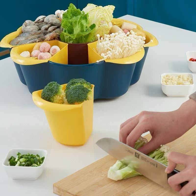 360 °rotating nine grid vegetable hotpot platter, 2-layer plastic automatic drainage, detachable fruit and nut kitchen supplies