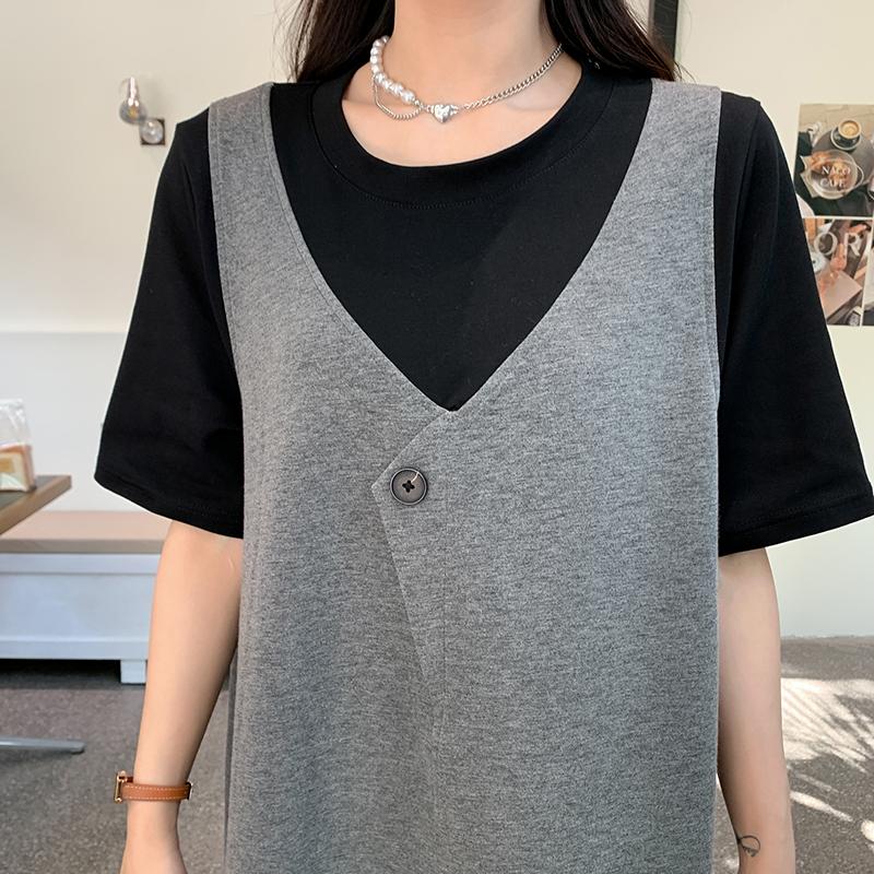 Dimanaf 2023 Plus Size Summer T-Shirt Dress Women Cotton Loose Dress O-Neck Vintage Fake Two-Piece Dress Short Sleeves Loose Casual Female Dresses