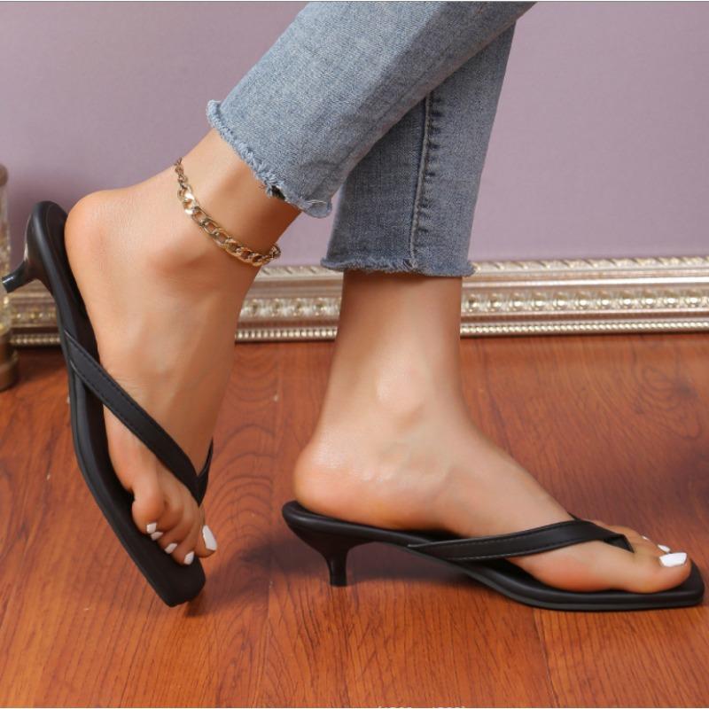 Сандалии с квадратным носком для женщин, летние новые шлепанцы на высоком каблуке, женские кожаные тапочки большого размера на тонком каблуке для отдыха на открытом воздухе