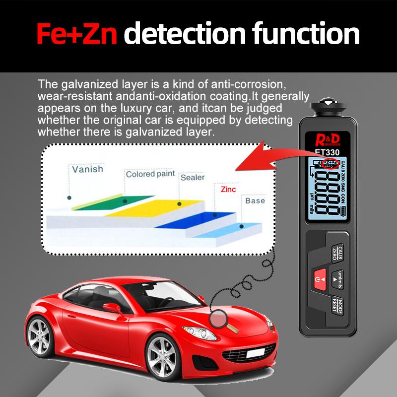 R&D ET330+ZN Car Paint Thickness Gauge Portable Coating Thickness Gauge for Car 0-1500um Fe & NFe Coating Tester Meter