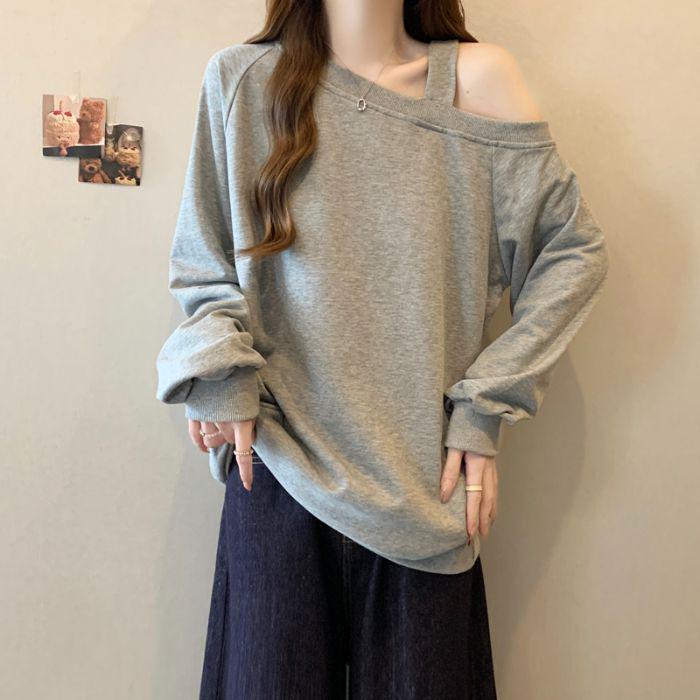 Women's Retro Black One-Shoulder Hoodie - Stylish Loose Fit for Spring & Autumn