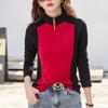 Контрастного цвета Повседневная хлопковая рубашка для женщин Осень и зима Новый стиль Молния воротник стойка Тонкая и модная футболка