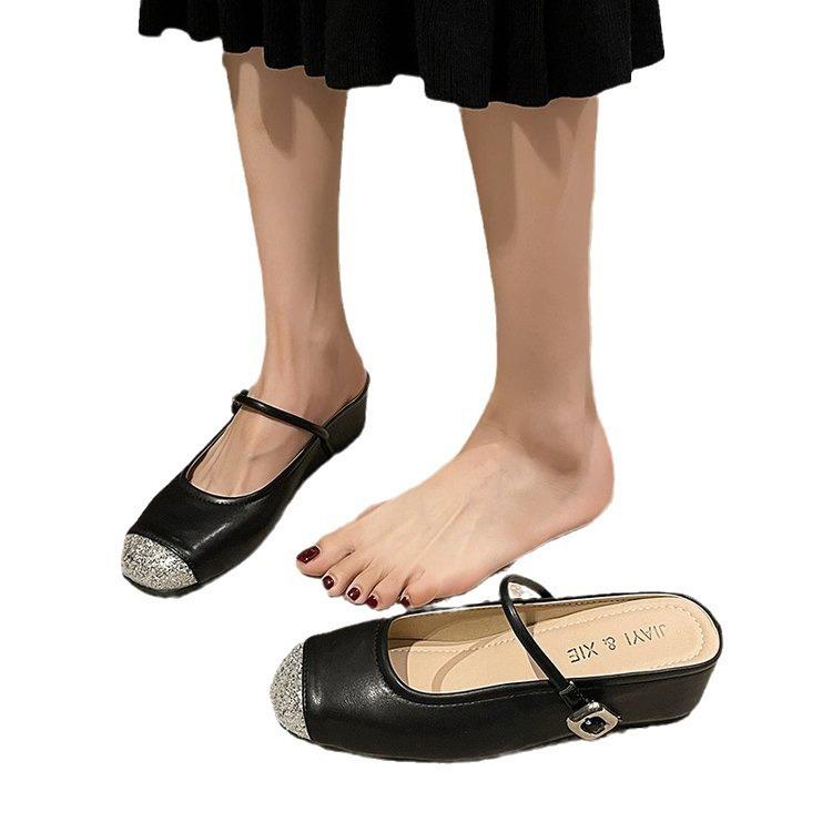 Soft Slippers Women Outer Wear Baotou Half Slippers Sandals Women Mary Jane One Foot Stirrup Flat Bottom Silver Fairy