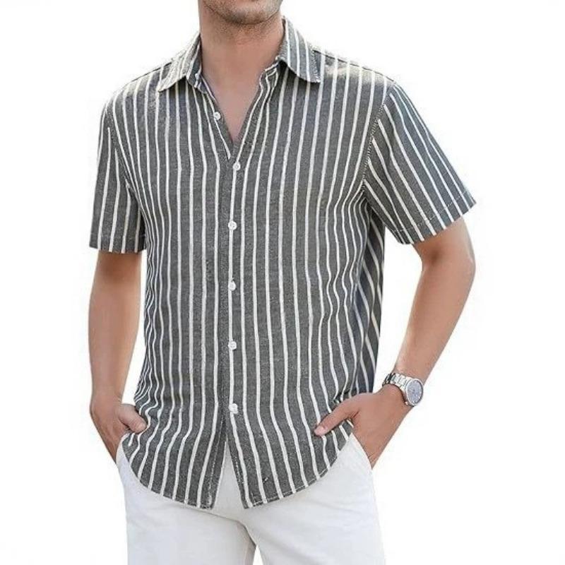 Men Vertical Stripe Lapel Short Sleeve Linen Blend Button Down Shirt