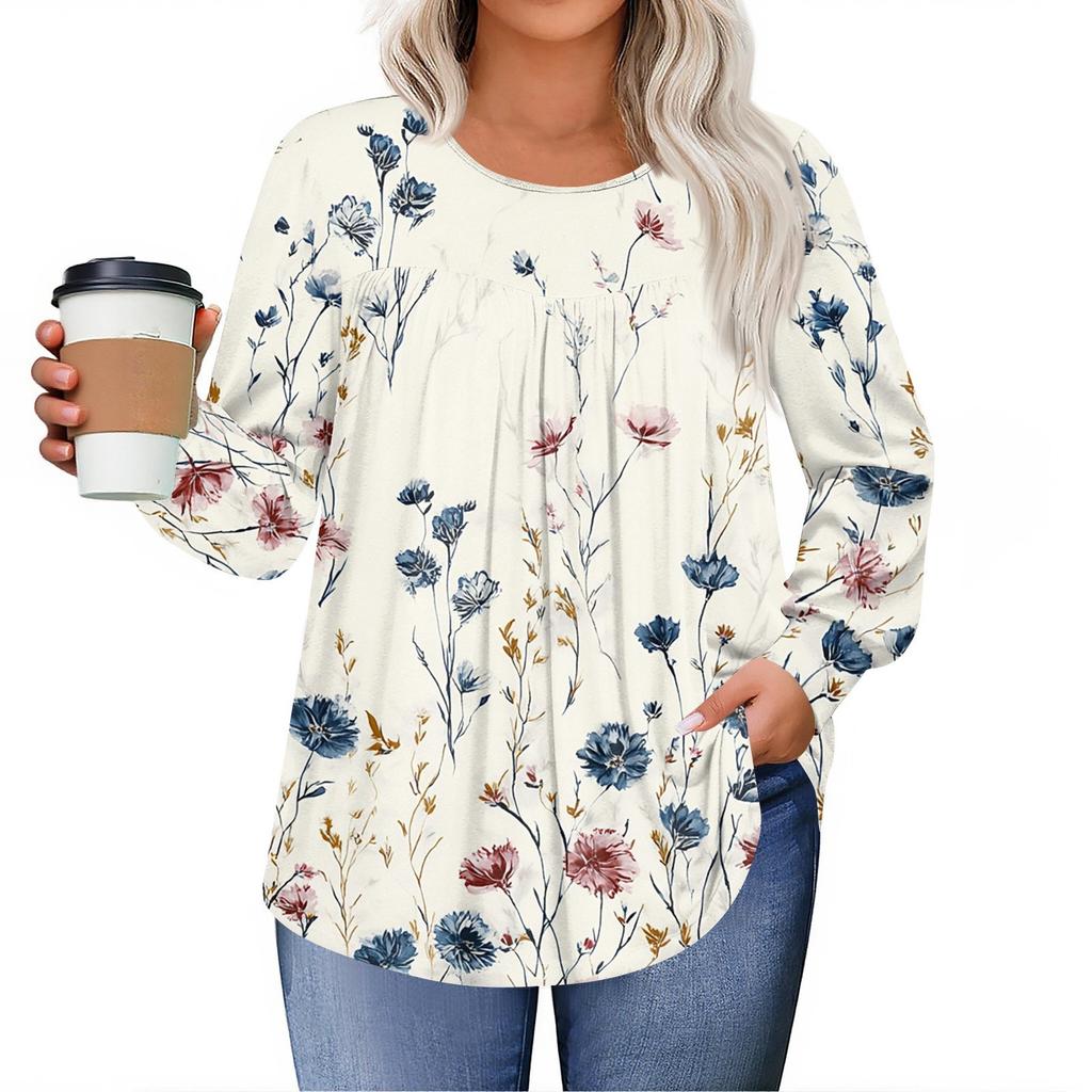 Womens Plus Size Tops Long Sleeve Shirts Round Neck Flowy Tunic Casual Loose Blouse L-5X