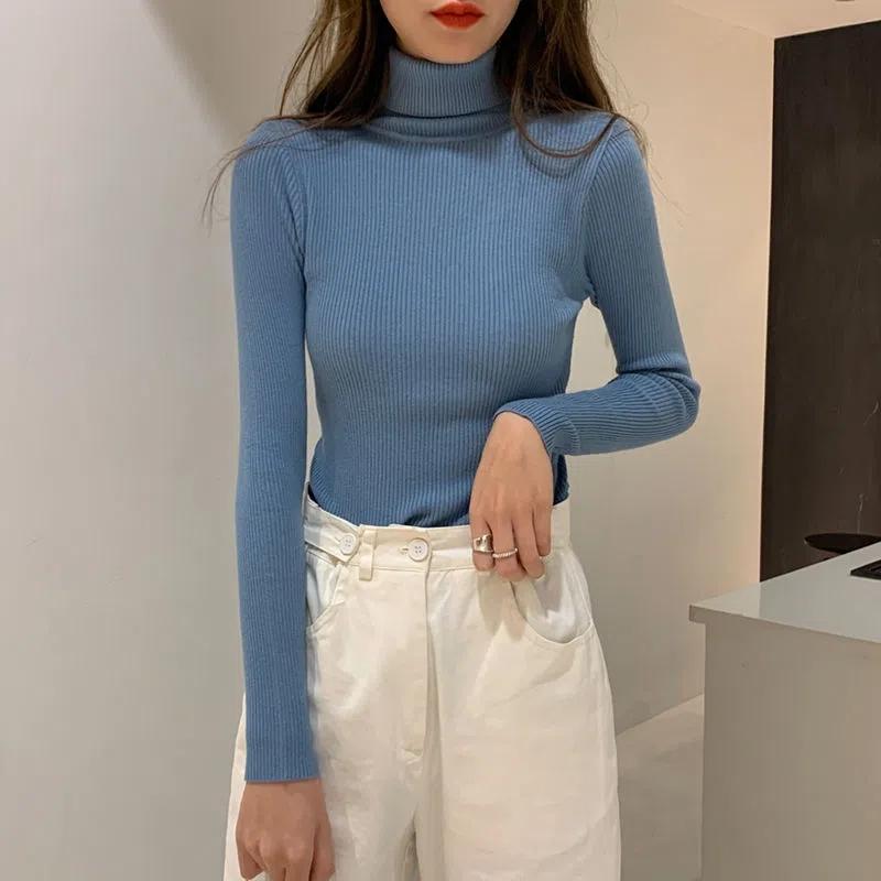 Turtleneck Pullovers Sweaters Women Autumn Winter Knitted Shirts Solid Color Long Sleeve Slim-fit Tight Jumper Tops