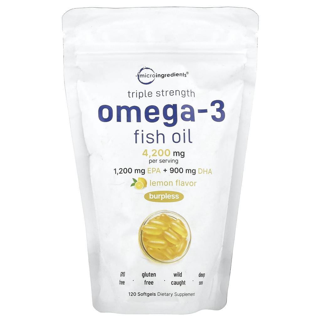 Micro Ingredients Omega-3 Fish Oil, 3x Strength, Lemon Flavor, 4,200mg, 120 Softgels (1,400mg Per Softgel)