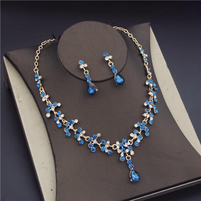 Crystal Bridal Wedding Jewelry Sets Women Gold Color Rhinestone Necklace Long Earrings Set Dress Accessories Bridesmaid