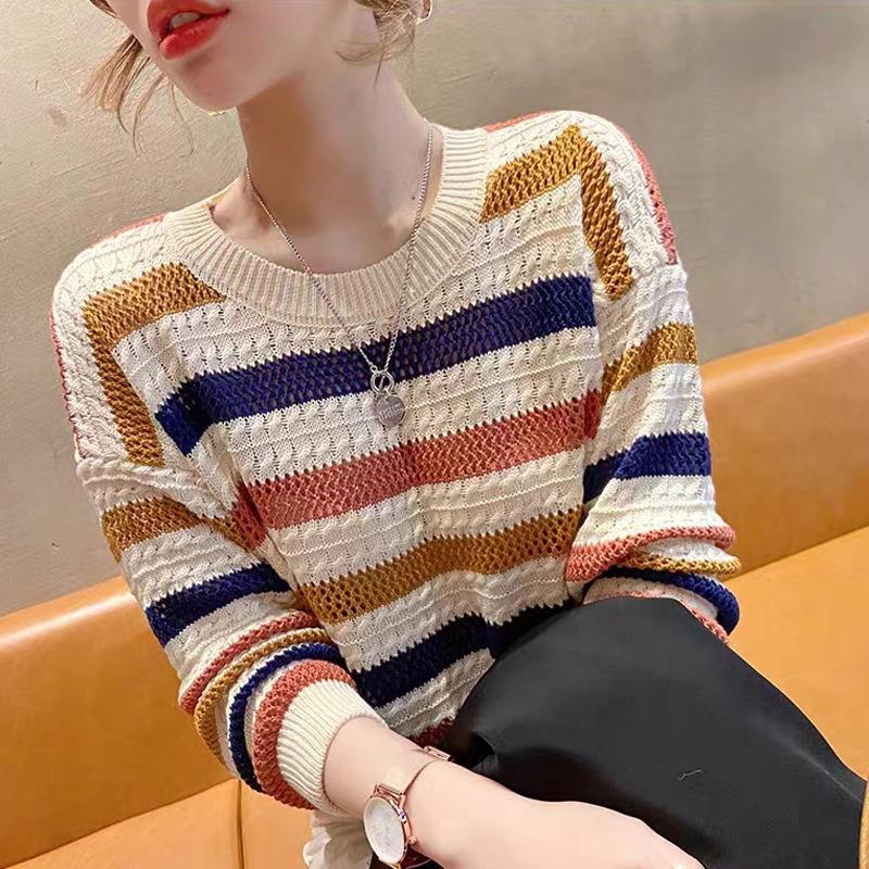 Полосатый вязаный свитер женский осень-зима свободный контрастный топ-летучая мышь радужная полоса длинный рукав вырез тонкий свитер женский