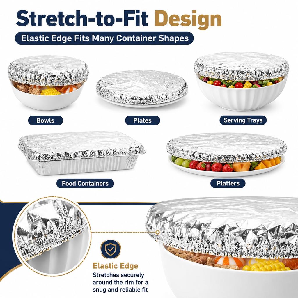 Reusable Aluminum Foil Food Covers 30 Pack - Stretchable Edges for Bowls, Plates and Food Containers, Heat Retention Temperature Range -60° to 140°