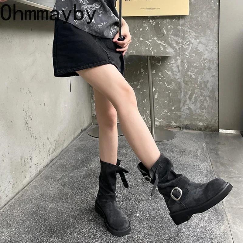 Fashion Retro Style Women Motorcycle Boots Fashion Metal Buckle Platform Heel Short Booties Winter Comfort Women's Footwear