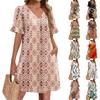 Летние платья для женщин с V-образным вырезом, оборками и коротким рукавом, повседневное свободное платье с принтом, пляжное платье с карманами