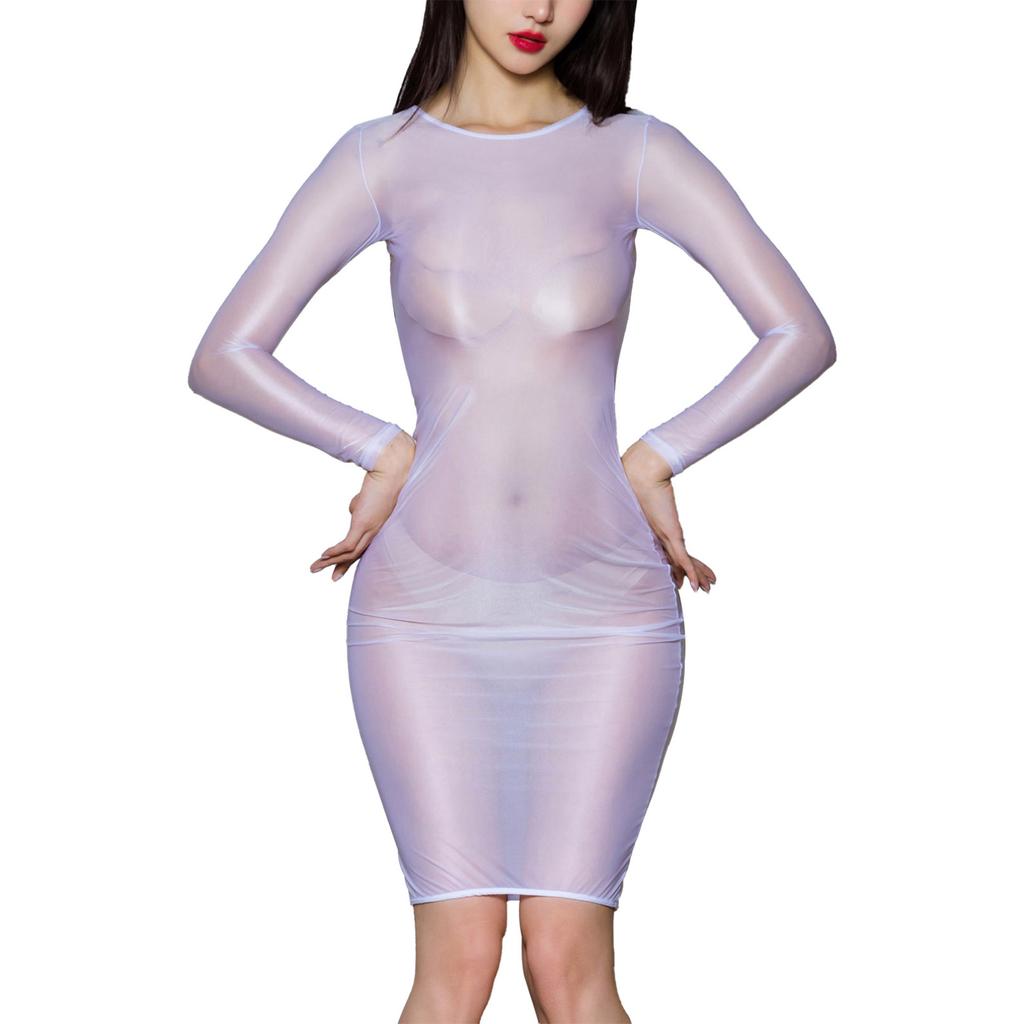 Womens See-Through Bodycon Dress Long Sleeve High Stretchy Skinny Lingerie Dress Nightwear