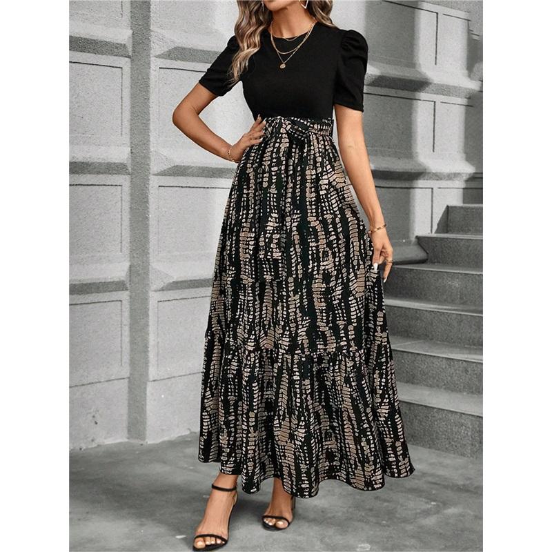 Floral Print Round Neck Dress, Exotic Holiday Style Elegant Dress