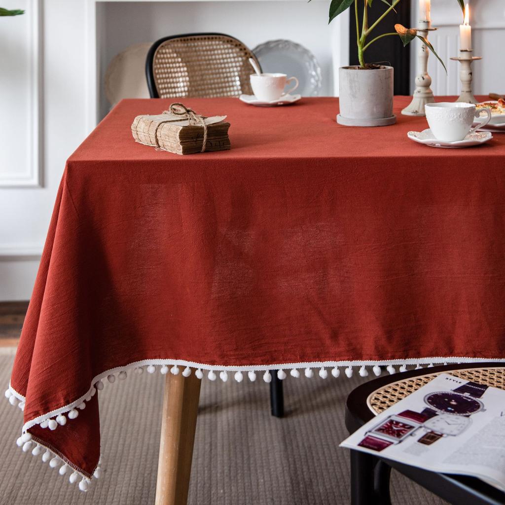 Decorative tablecloth, solid color tablecloth, tablecloth with pompom tassels, long tablecloth for kitchen restaurant, party, festival - 1 piece