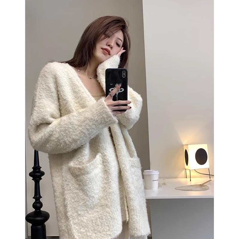 Women's Autumn Winter Basic Knitted Cardigan Sweater Solid Color Long Thick Warm Sweater Casual Jacket With Pockets