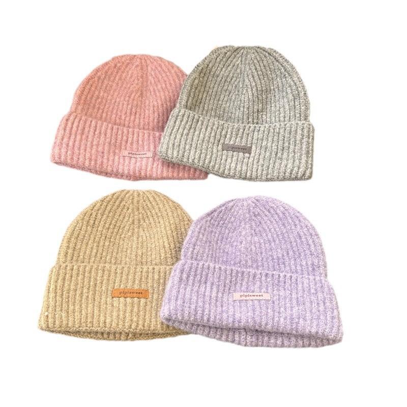 Knitted hat women's ins tide with letters small leather label warm pullover hat autumn and winter thin street ear protection cold hat