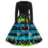 Women's Casual Retro Halloween Dress Long Sleeve Round Neck Vintage Fit and Flare Dress with Bat Print and Waist Tie Belt for Everyday Wear