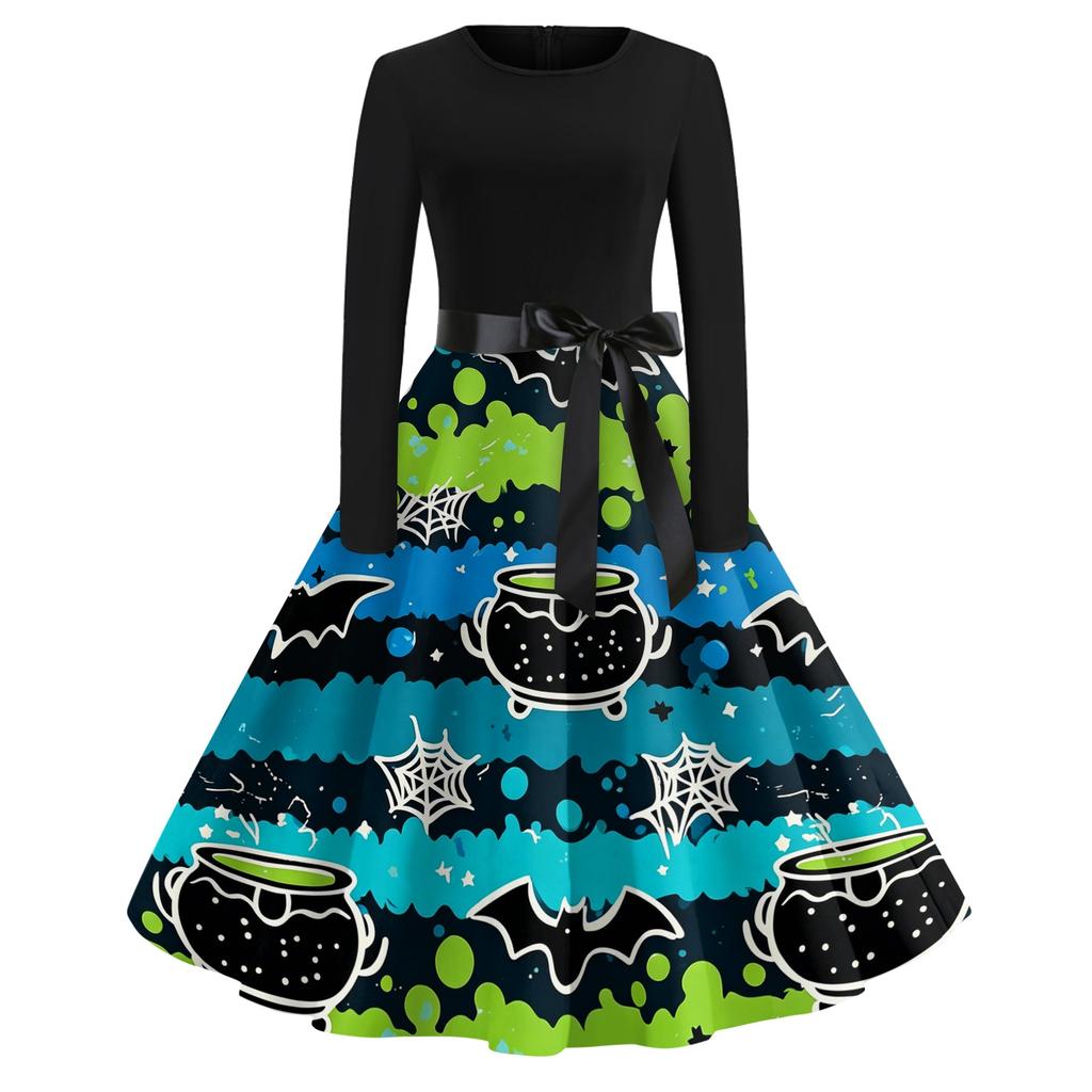 Women's Casual Retro Halloween Dress Long Sleeve Round Neck Vintage Fit and Flare Dress with Bat Print and Waist Tie Belt for Everyday Wear
