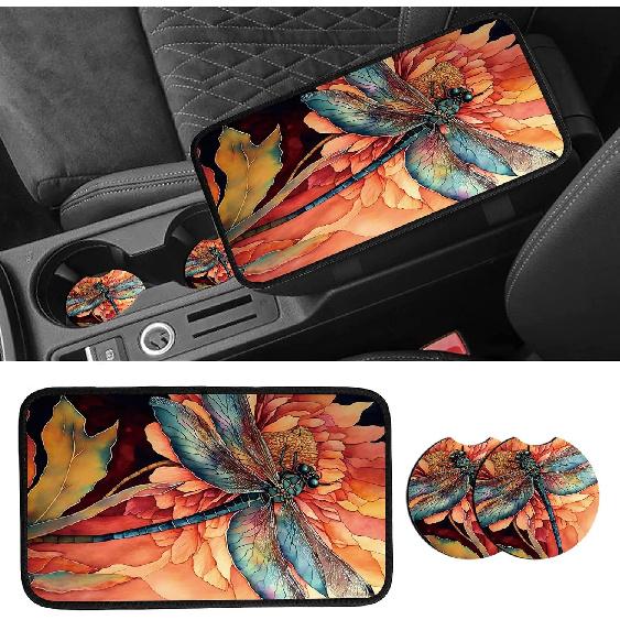 Wildflowers Car Armrest Cover with 2 Coasters | 3-piece 5 mm neoprene set with one 12.6 x 7.5 in console cushion and two 2.75 in matching cup holder