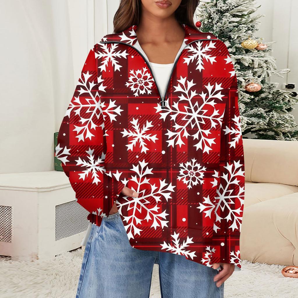 Женский повседневный свитер с полумолнией и лацканами со снежинками и разрезом сверху по бокам, модная одежда