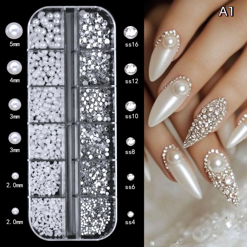 6/12 Grids/Box Colorful Round Pearls Nail Beads Charms Caviar Jewels Half Round Pearl Gems for DIY Nail Art Decoration