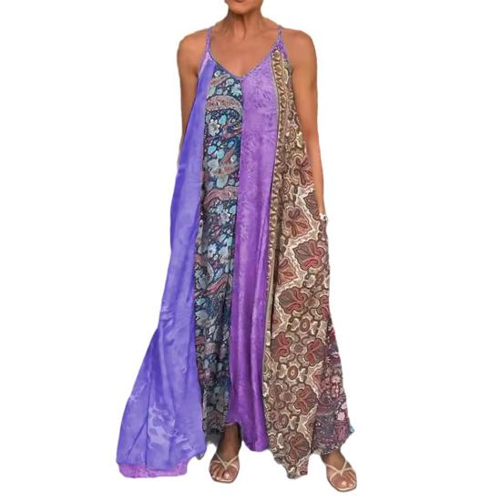 Летнее платье-комбинация с открытой спиной и без рукавов, свободный размер, трапециевидной формы, соответствующего цвета, плюс богемный принт, V-образный вырез, отпуск